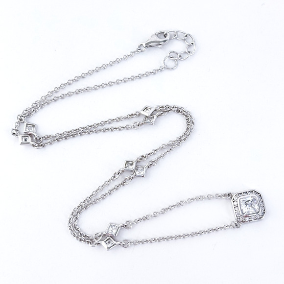 Vintage Sterling Silver 925 Cubic Zirconia Station Necklace Square Drop 18.5” - Picture 2 of 6